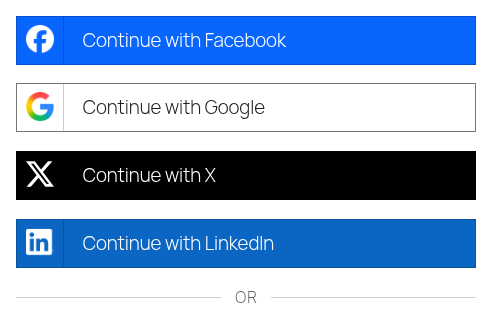 Continue with Facebook, Google, X and LinkedIn buttons above the login form